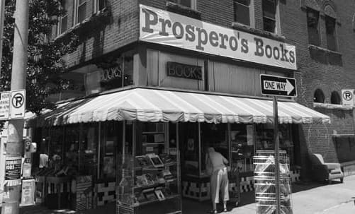 Black and white photo of Prospero's corner bookstore