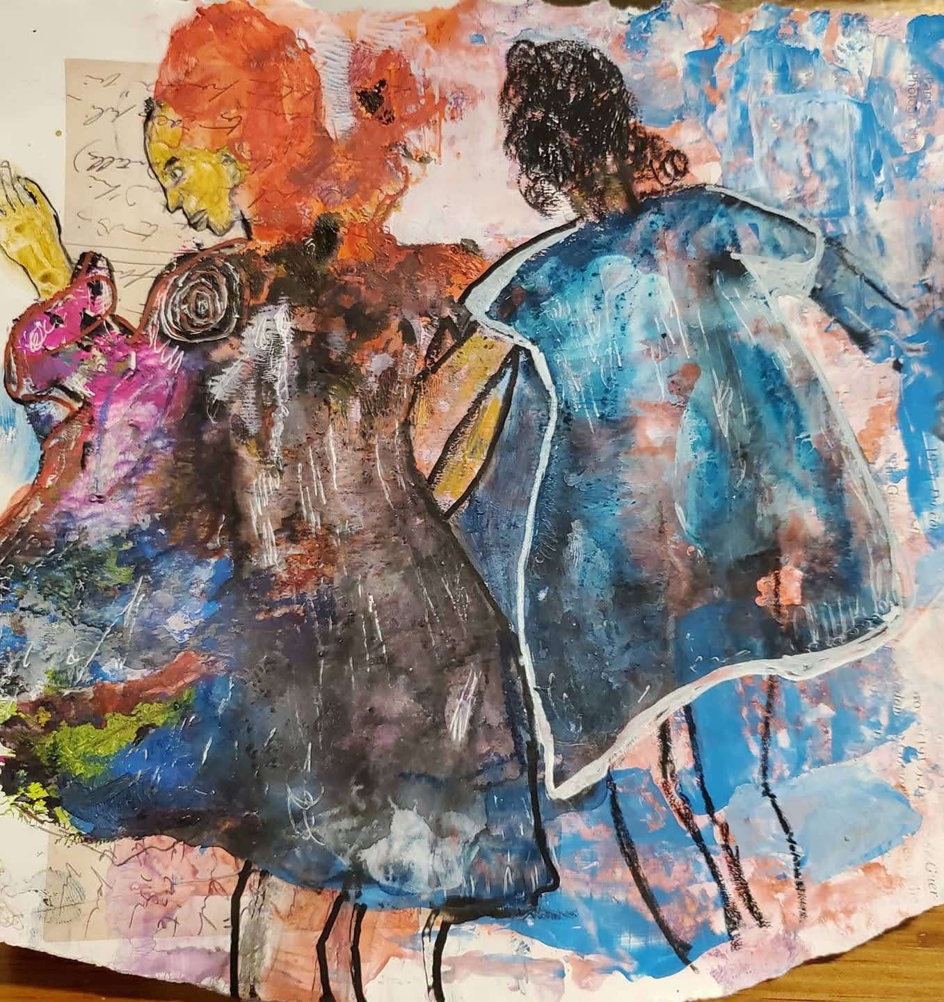 Abstract painting of two figures in colorful clothing, facing away. Rich with texture, they are surrounded by dynamic orange and blue hues, conveying movement.