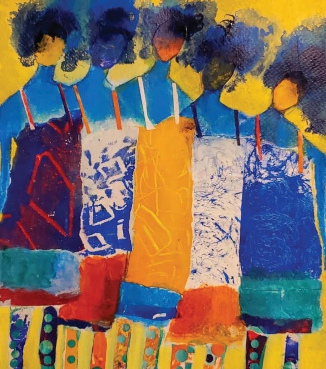 Abstract painting of five stylized figures with colorful, textured clothes in blues, yellows, and reds. Background is bright yellow, conveying a vibrant, joyful atmosphere.