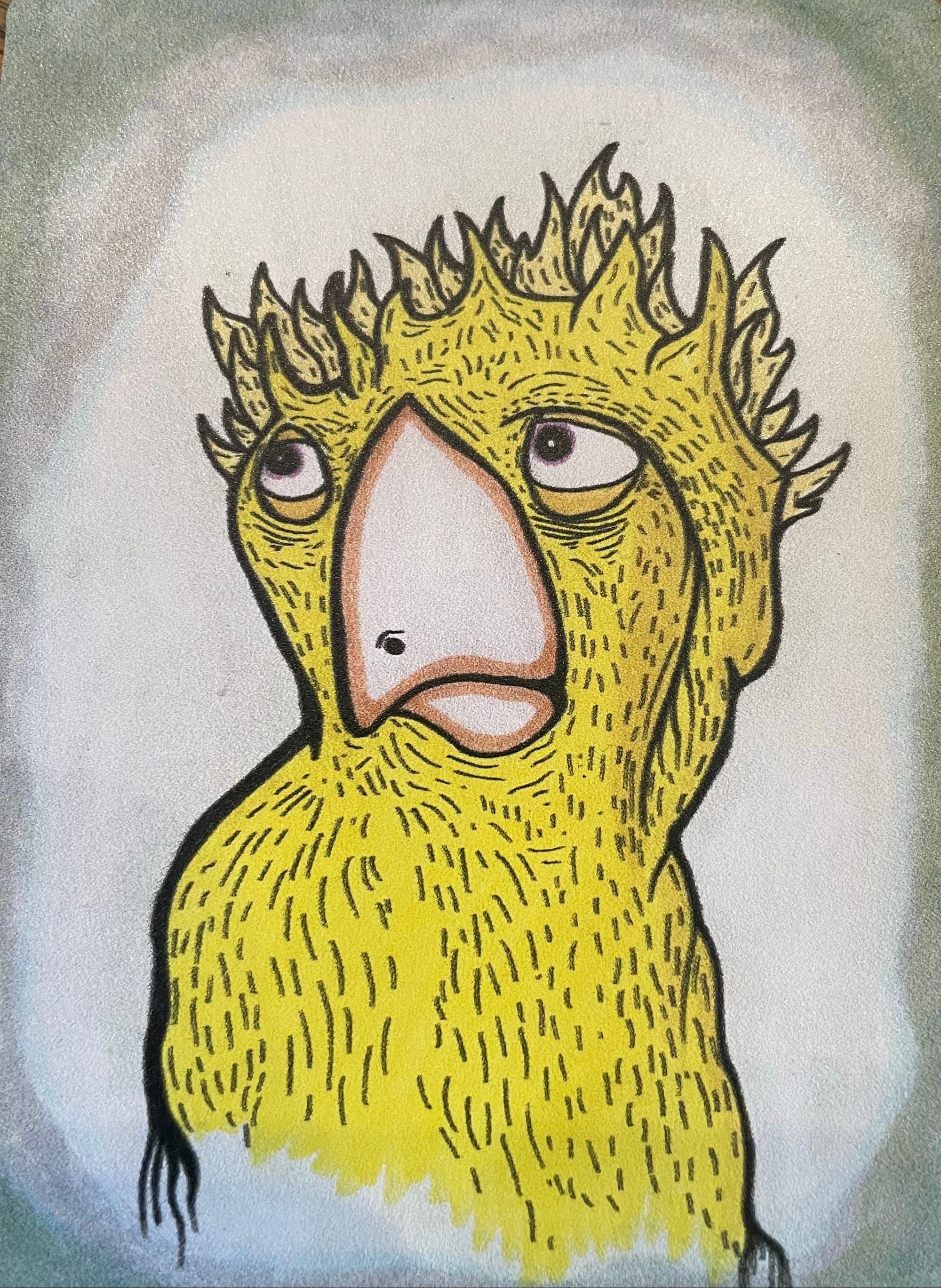 An illustration of a parrot with large sad eyes. The parrot is covered in yellow feathers.
