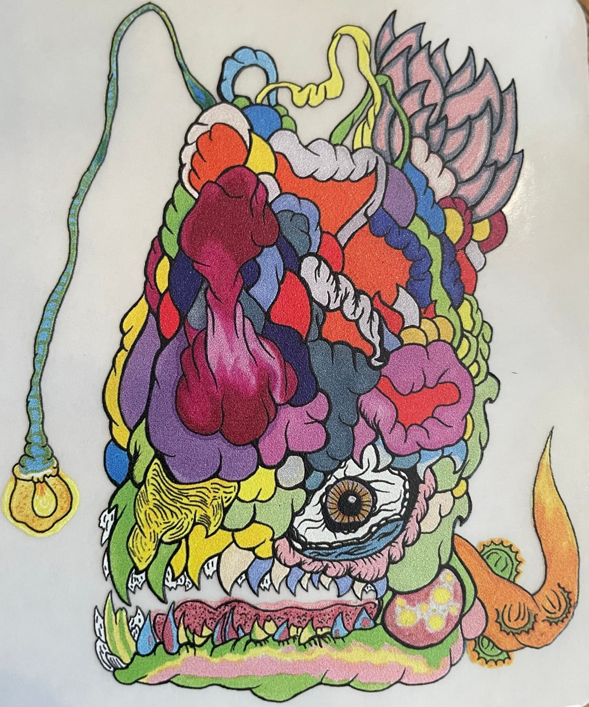 An illustration of a multi-colored deep sea fish mutated into a monster.