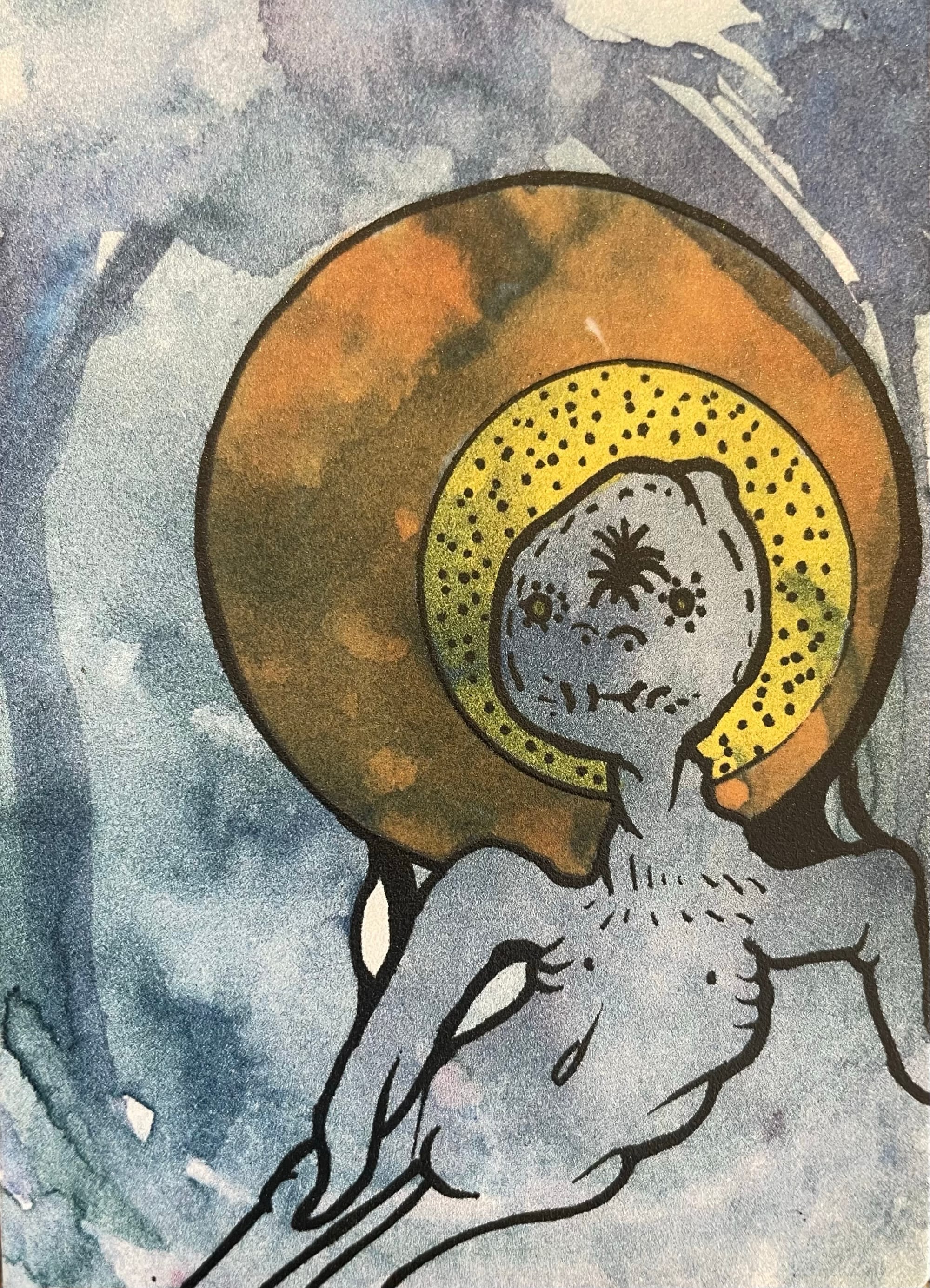 Illustration of a sperm in humanoid form fertilizing an egg.