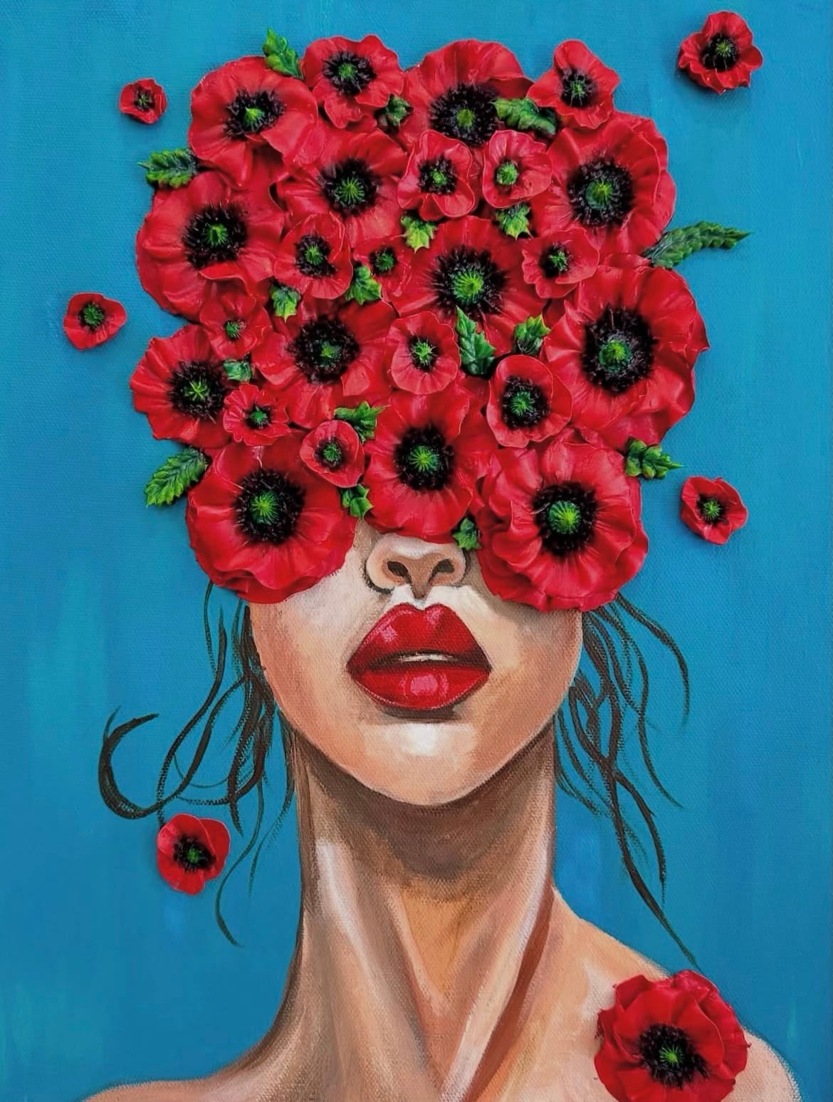 A woman in vibrant red lipstick with her head obscured by a bouquet of red poppies against a bright blue background, conveying a surreal, artistic mood.