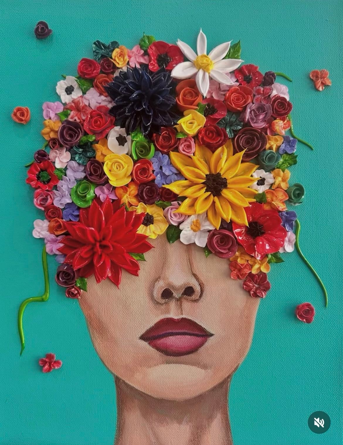 A surreal painting depicts a woman's face with eyes obscured by vibrant, multicolored flowers on a teal background, creating a whimsical and imaginative tone.