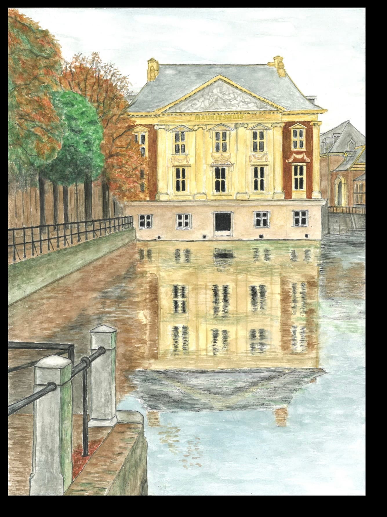 A watercolor of a classical building reflected in a canal, flanked by autumnal trees and wrought iron railings, evokes a serene, reflective mood.