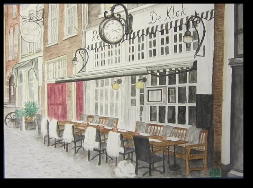 Cozy street scene shows an empty cafe with tables and chairs lining a cobblestone path. A clock and vintage lamps hang above. Calm, inviting atmosphere.