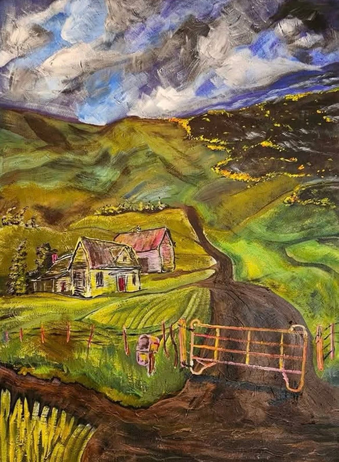 A vibrant painting of a rural landscape with a winding dirt road leading to two rustic houses amidst rolling green hills. Dramatic sky with dynamic clouds.