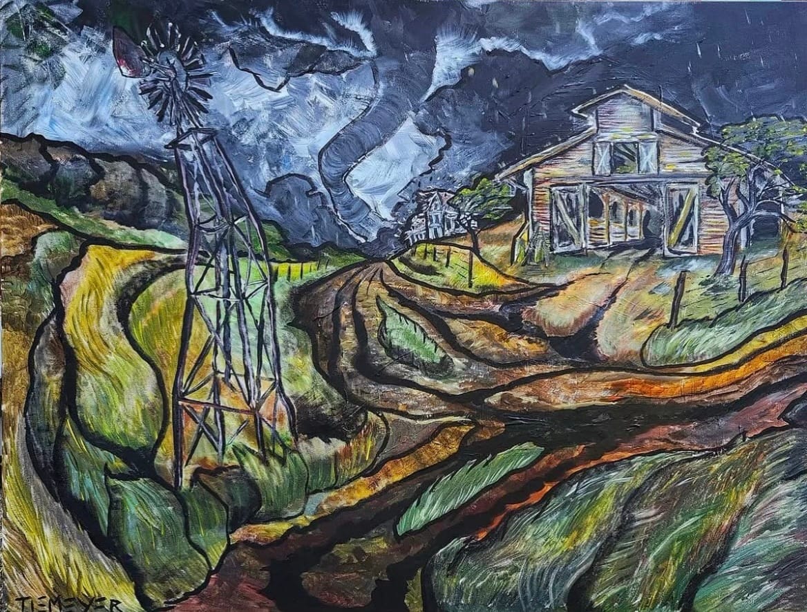 A dramatic rural scene with stormy skies, featuring a winding path, windmill, and weathered barn. The swirling clouds convey a tense, moody atmosphere.
