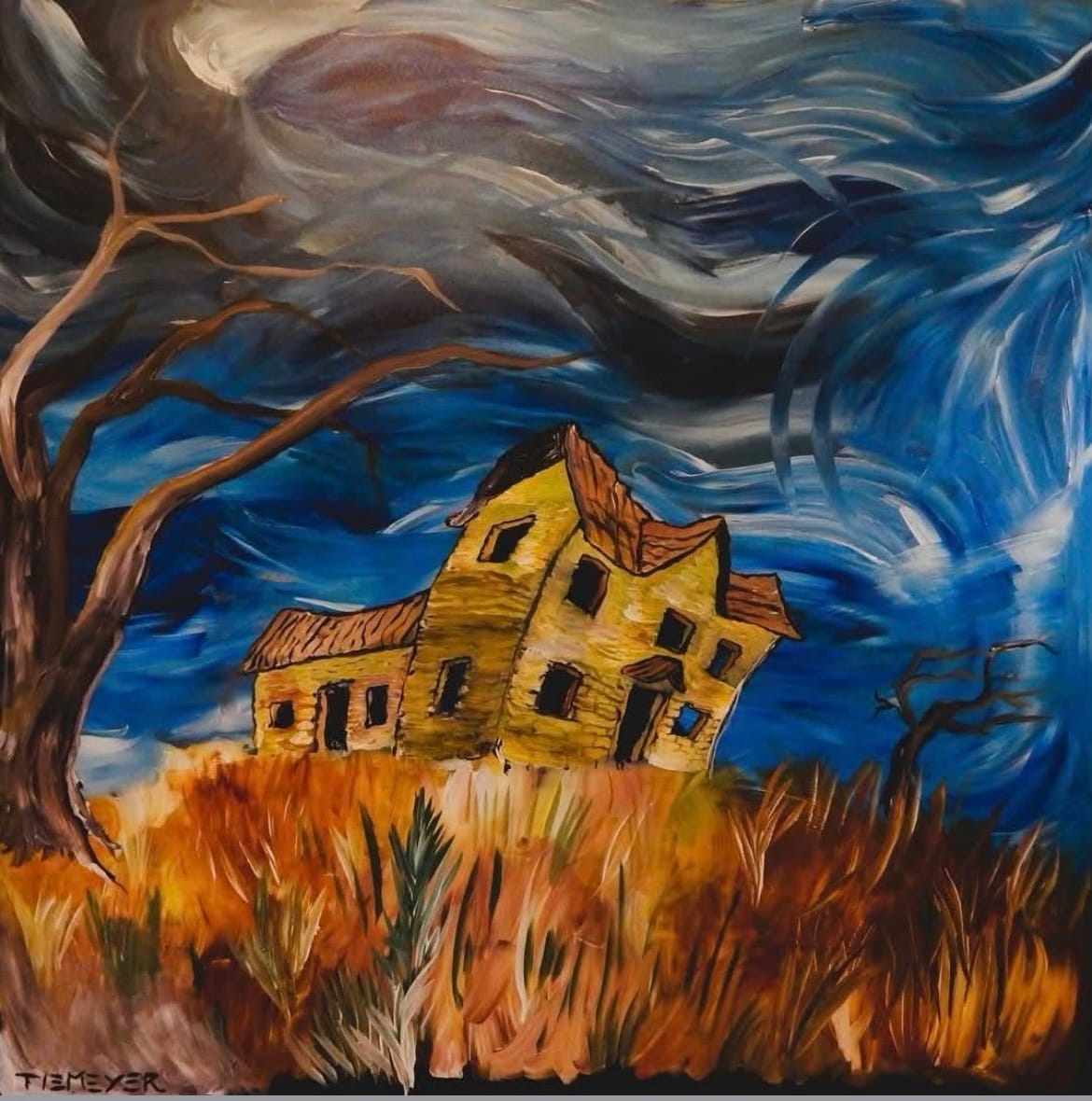 A surreal painting of a crooked yellow house in a windy field. Dark, swirling clouds and a twisted tree convey an eerie, chaotic atmosphere.