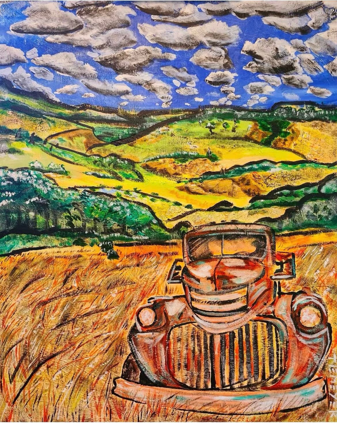 A vibrant painting of an old, rusted truck in a field, with rolling green hills and a sky filled with fluffy white clouds. The scene conveys nostalgia.