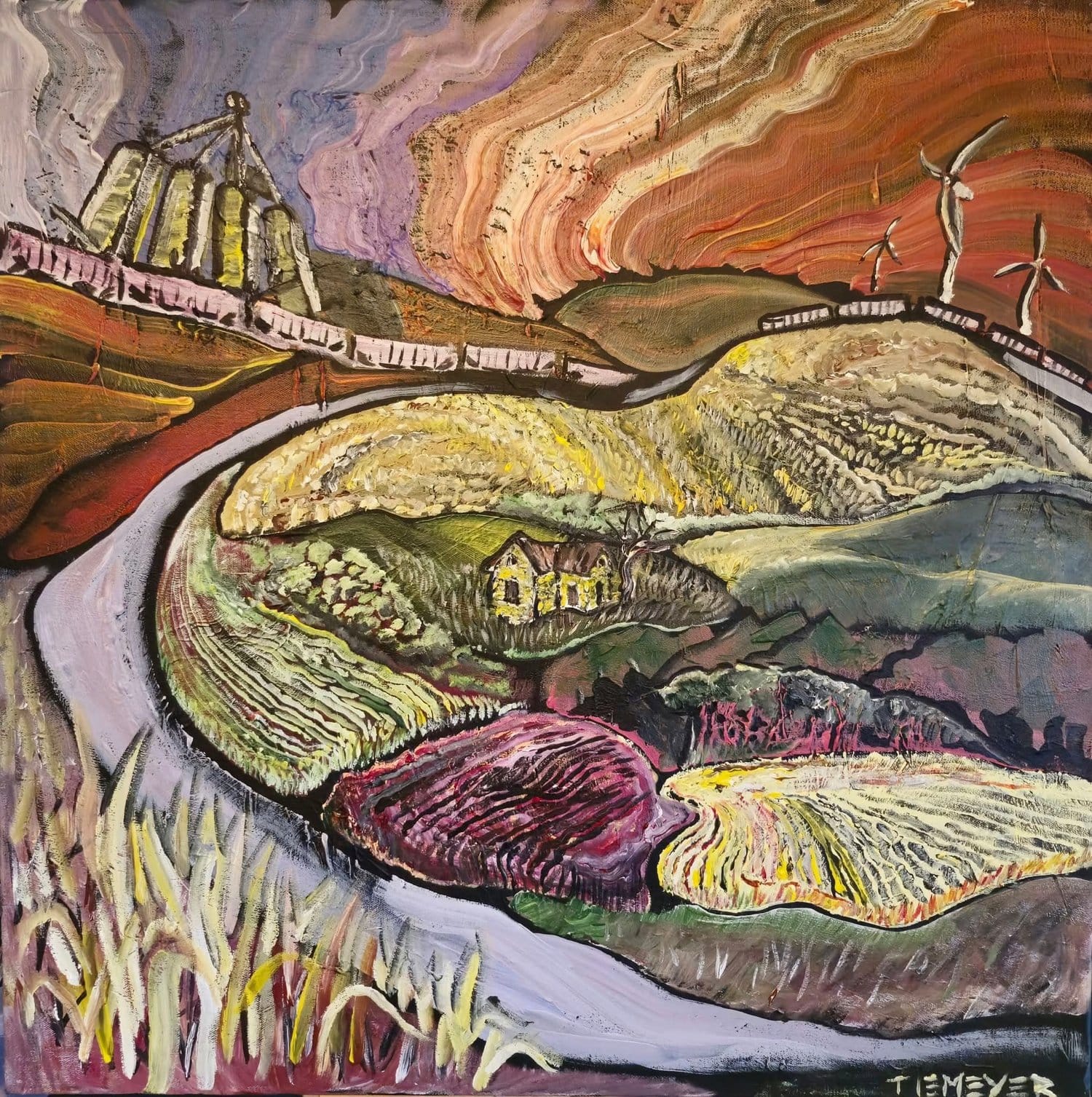 A vibrant landscape painting features swirling skies and rolling hills, a small house nestled within. Dynamic colors and wind turbines suggest energy and movement.