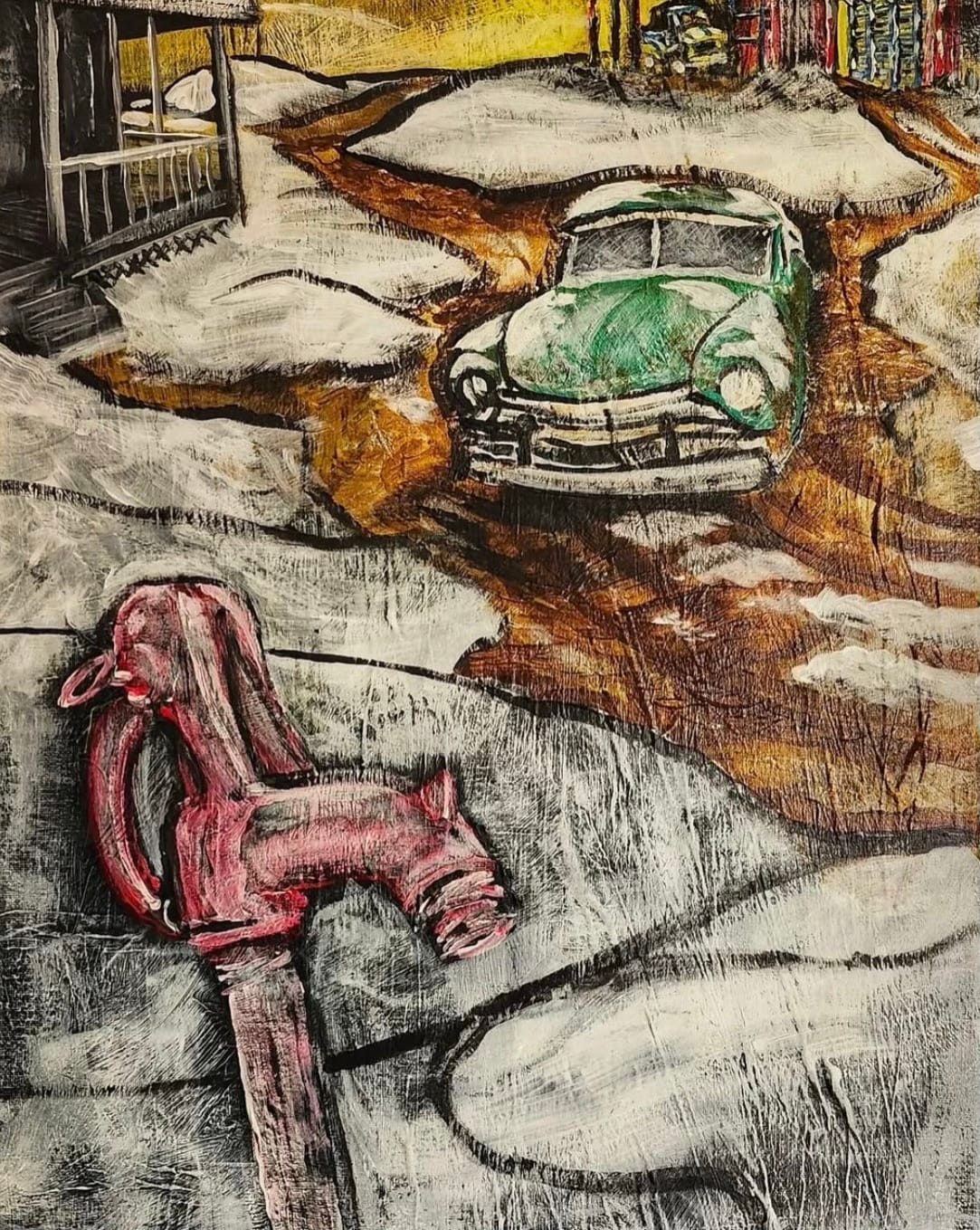 A vintage green car on a textured, winding path leads to a rustic building. Foreground shows a vivid red water pump on a snowy, abstract landscape.