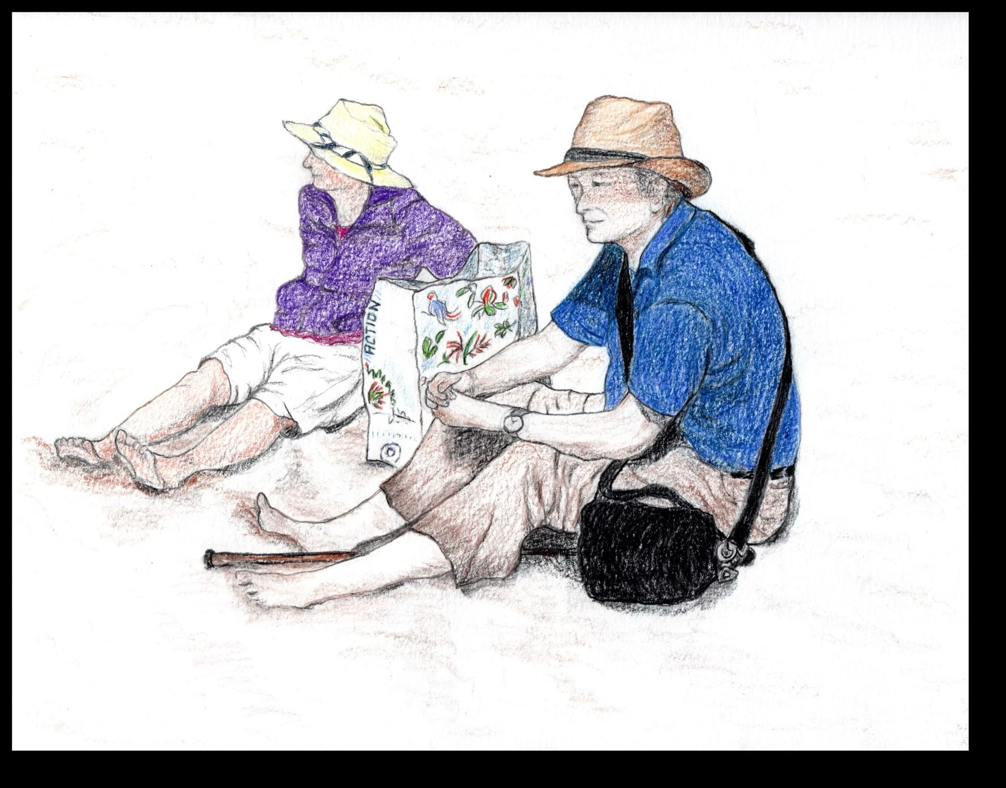 A sketch depicts two seated individuals on a beach, both wearing hats. The person on the left wears a purple top and beige shorts, and the person on the right wears a blue shirt and brown pants, holding a colorful bag. The scene conveys a relaxed, tranquil vibe.