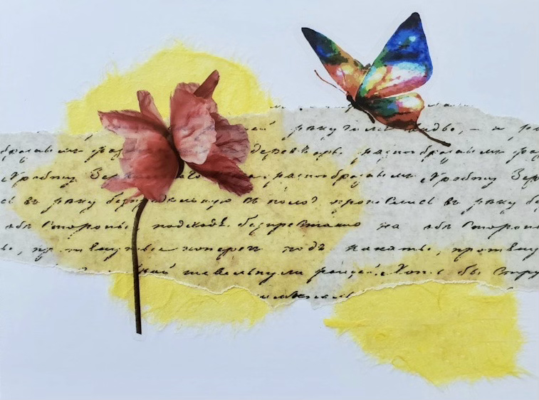 A vibrant collage features a red flower and a colorful butterfly on aged handwritten text and yellow watercolor splashes, evoking a whimsical, artistic feel.