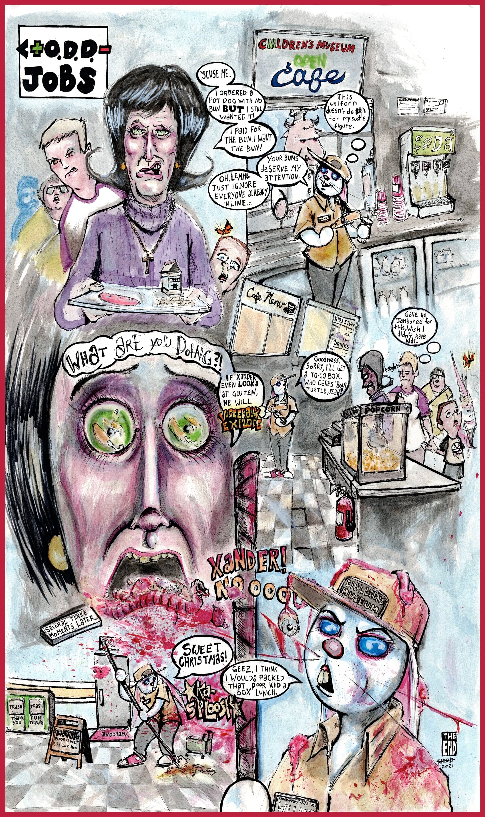 A chaotic comic scene titled "Odd Jobs" shows a busy café with exaggerated expressions. Characters chatter, and a worker drops a sandwich, adding humor and chaos.