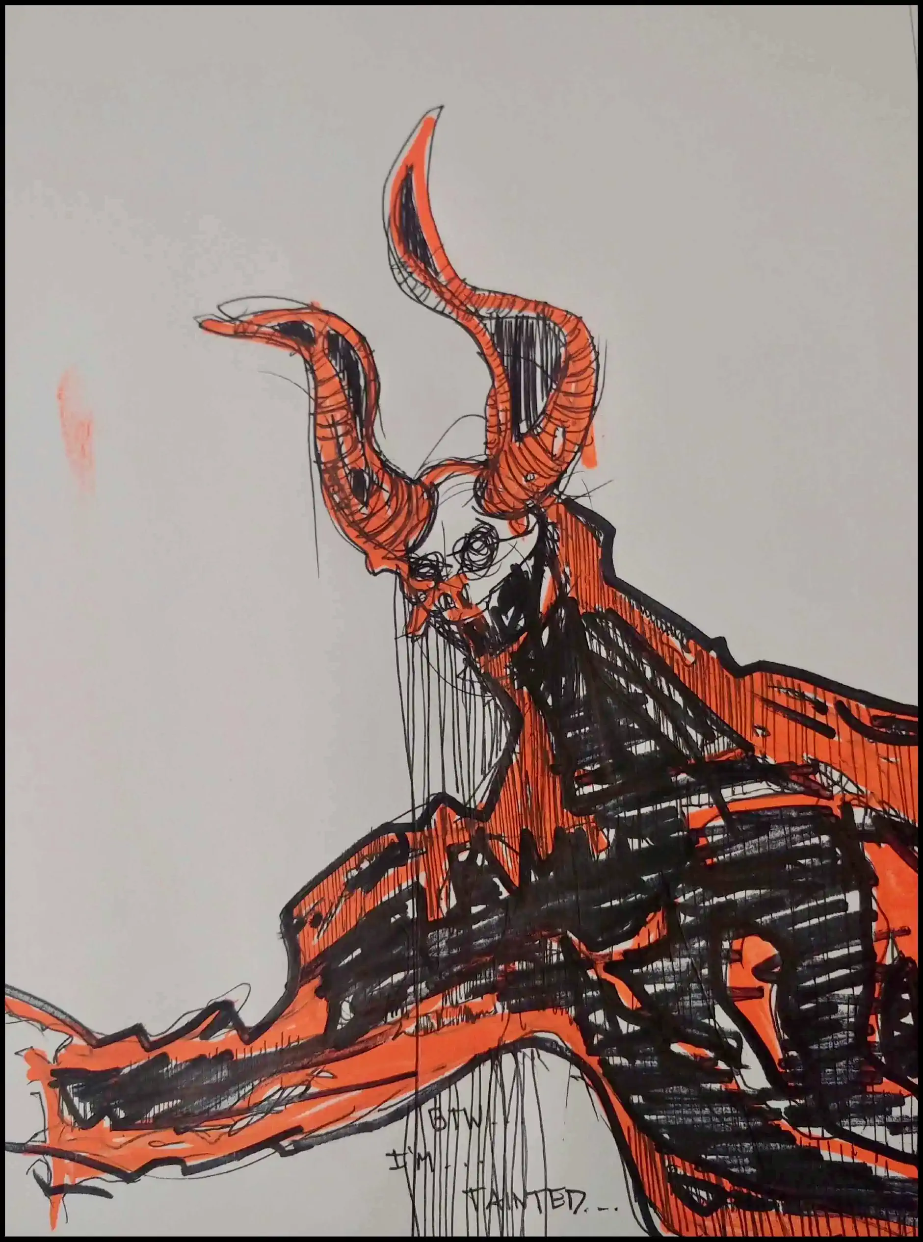 A sketch of a demon with curved horns, displaying a playful yet menacing look, surrounded by dark, shadowy elements.  