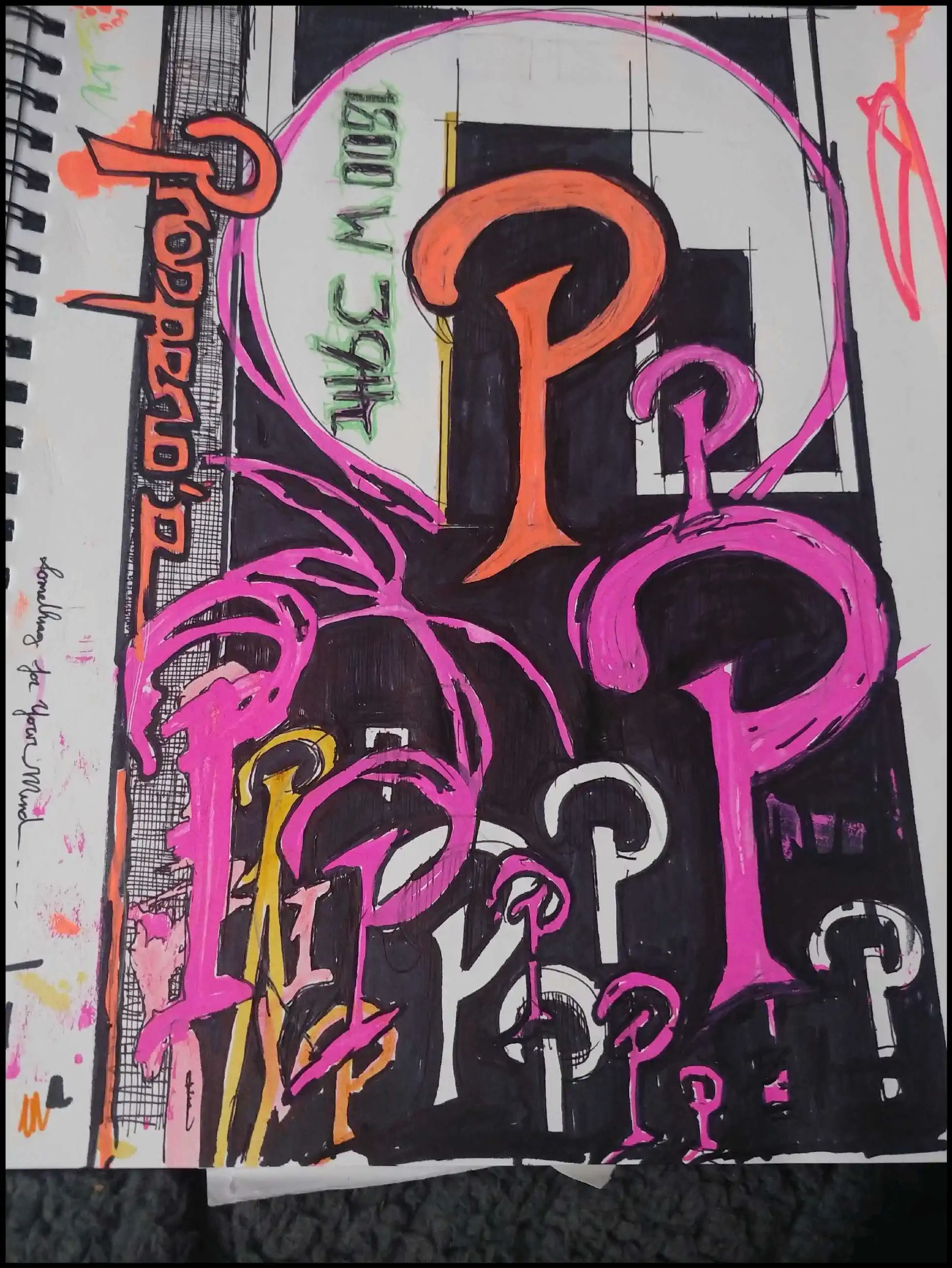 Artistic rendering of multiple letter "p"s with a vibrant pink and black background, designed for Propero's bookstore.