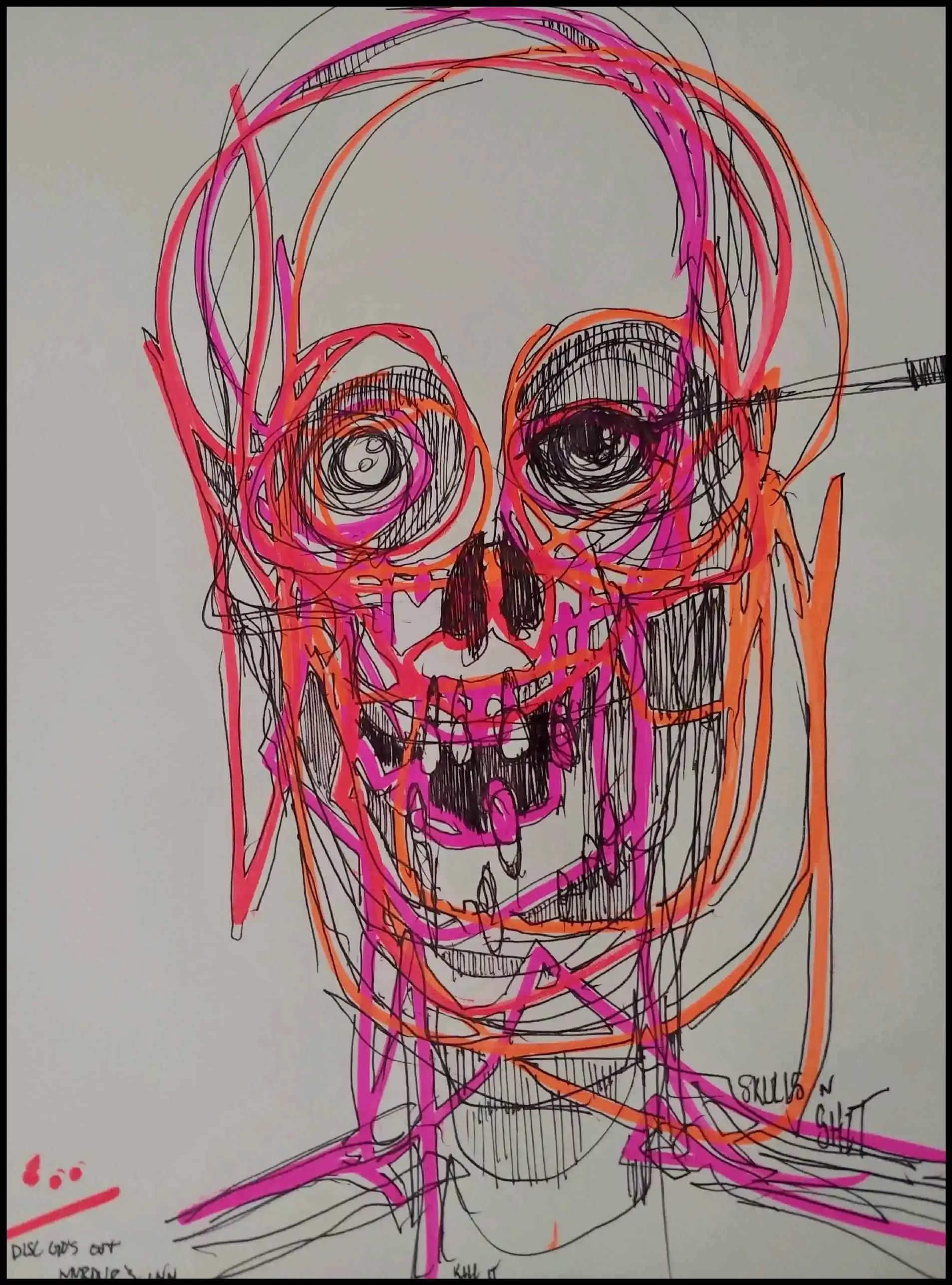 A drawing of a skull with a needle positioned in its eye, symbolizing themes of danger or addiction.  