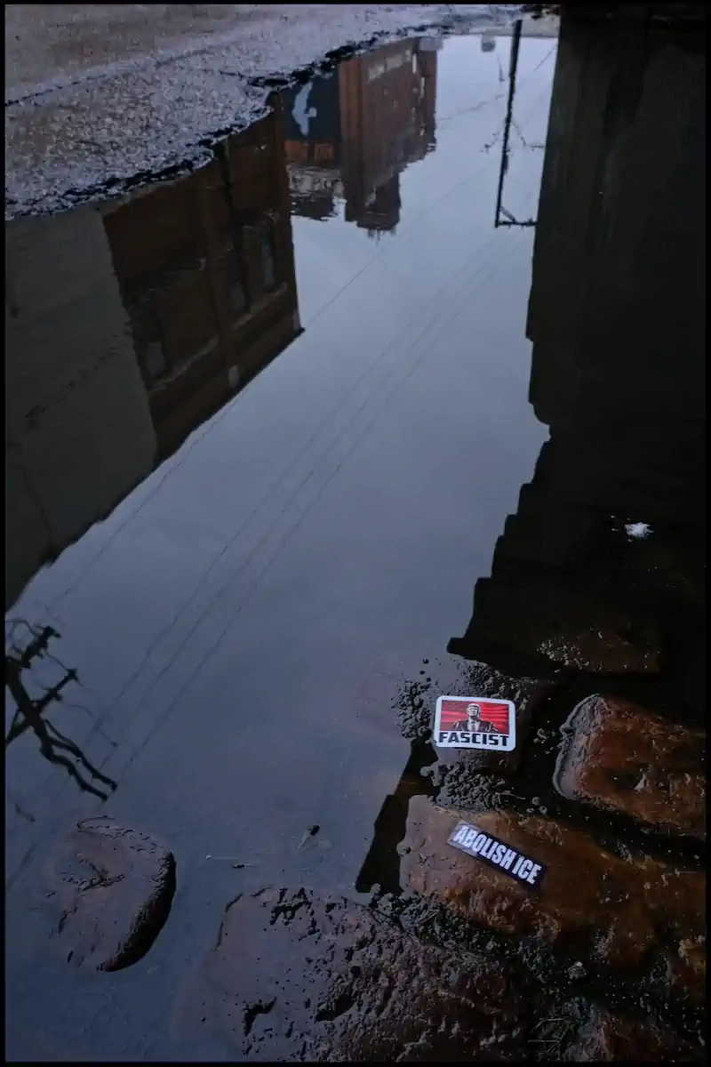 A wet alley with a puddle reflecting buildings and power lines. Stickers on bricks read "Fascist" with an image and "Abolish ICE," conveying a protest tone.