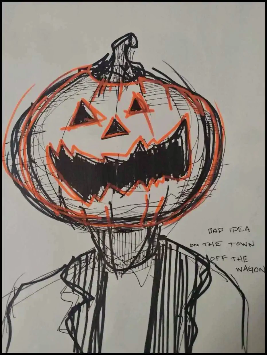 A whimsical drawing of a man with a pumpkin for a head, featuring a carved scary, but also friendly face on the pumpkin. 