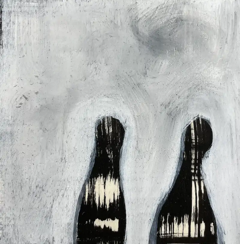 Abstract painting of two black silhouettes with a textured gray and white background. The figures, slightly blurred, evoke a mysterious, somber atmosphere.