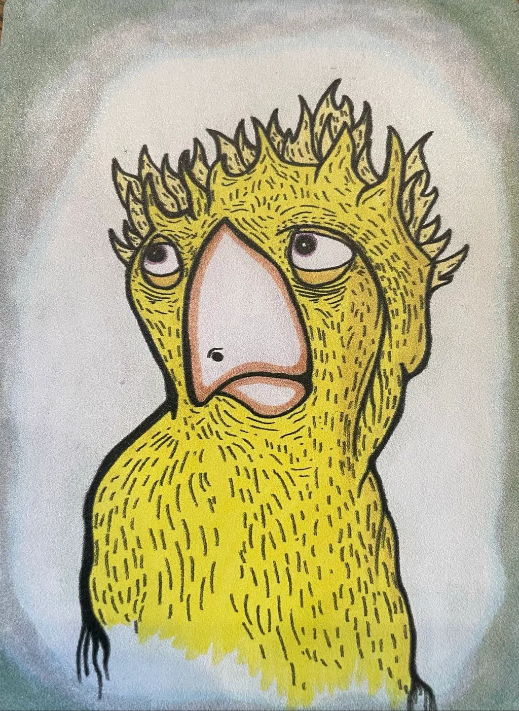 Image is a an illustration of a parrot with large sad eyes. The parrot is covered in yellow feathers.